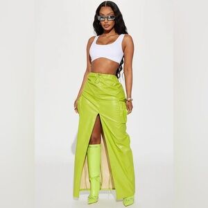 NWT. Fashion Nova Sour Then Sweet Cargo Maxi Skirt in lime faux leather.